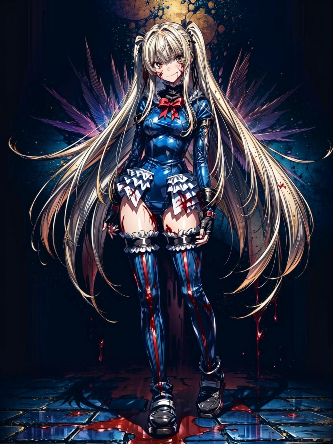 best masterpiece, ultra detailed, best quality, sharp focus, 12K, super high resolution picture, big tits,4K,Perfect Anatomy, highest quality, Marie Rose,Wicked Smile,Provocative attitude
,,Wicked Smile,Anime Style,(Ruffled swimsuit, Knee socks, Removed sleeve), (Anime Style:1.4) ,
,(White fingers:1.1,Black gloves),
Hollow Eyes,,1 Girl、(Blood on my face:1.6)、(Preparing for battle:1.2)、,,(very long hair:1.6),(full body:1.4),In the ruins
