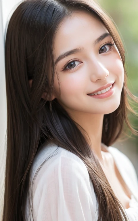 masterpiece, Best Quality, 8K, 1 girl, 20 yo, closed mouth, happy smile, close-up, Close-up of face, Solo, Cute, Girly, Delicate girl, Neat and clean beauty, Raw photo, Professional Photography, Portrait, Soft light, Professional Lighting, Back lighting, look away, avert your eyes, Sophisticated, Film grain, (Eyes and faces with detailed:1.0), medium length floating hair, Beautiful flowing hair,