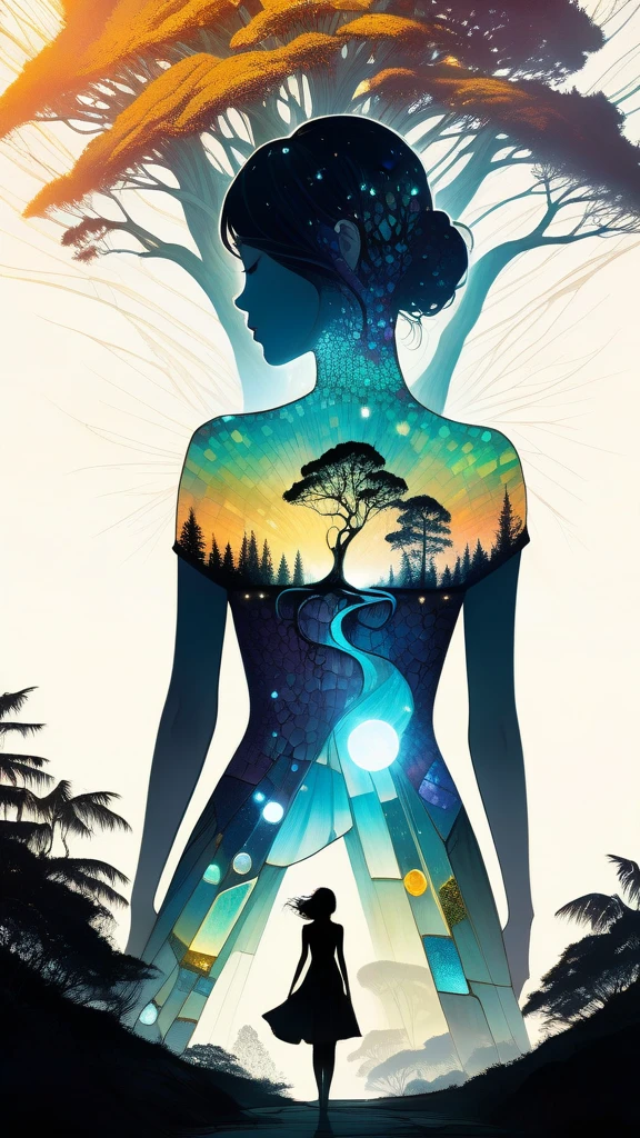 Futuristic utopia, Adventure, Aether, Kraken, Nebula, Verdant, Canvas, Spontaneous Human Combustion, Voyage, Lovely, Grateful, Forrest, (Double exposure:1.3) photo of a sexy lady made of mosaic of iridescent crystal glass with sub scattering mirror surface imposing onto transparent tree hollow trunk in living brocade underbust dress made out of flowers, bokeh sky by Peter Gric, Conrad Roset, Brandon Kidwell, Andreas Lie, Dan Mountford, Dan Witz, Agnes Cecile, Jeremy Mann, fine art, super dramatic moonshine, silhouette photo illustration, amazing depth, intricate detailed fine cracked surface, stunning atmosphere, mesmerizing whimsical vibrant scenery, complex masterwork by head of prompt engineering