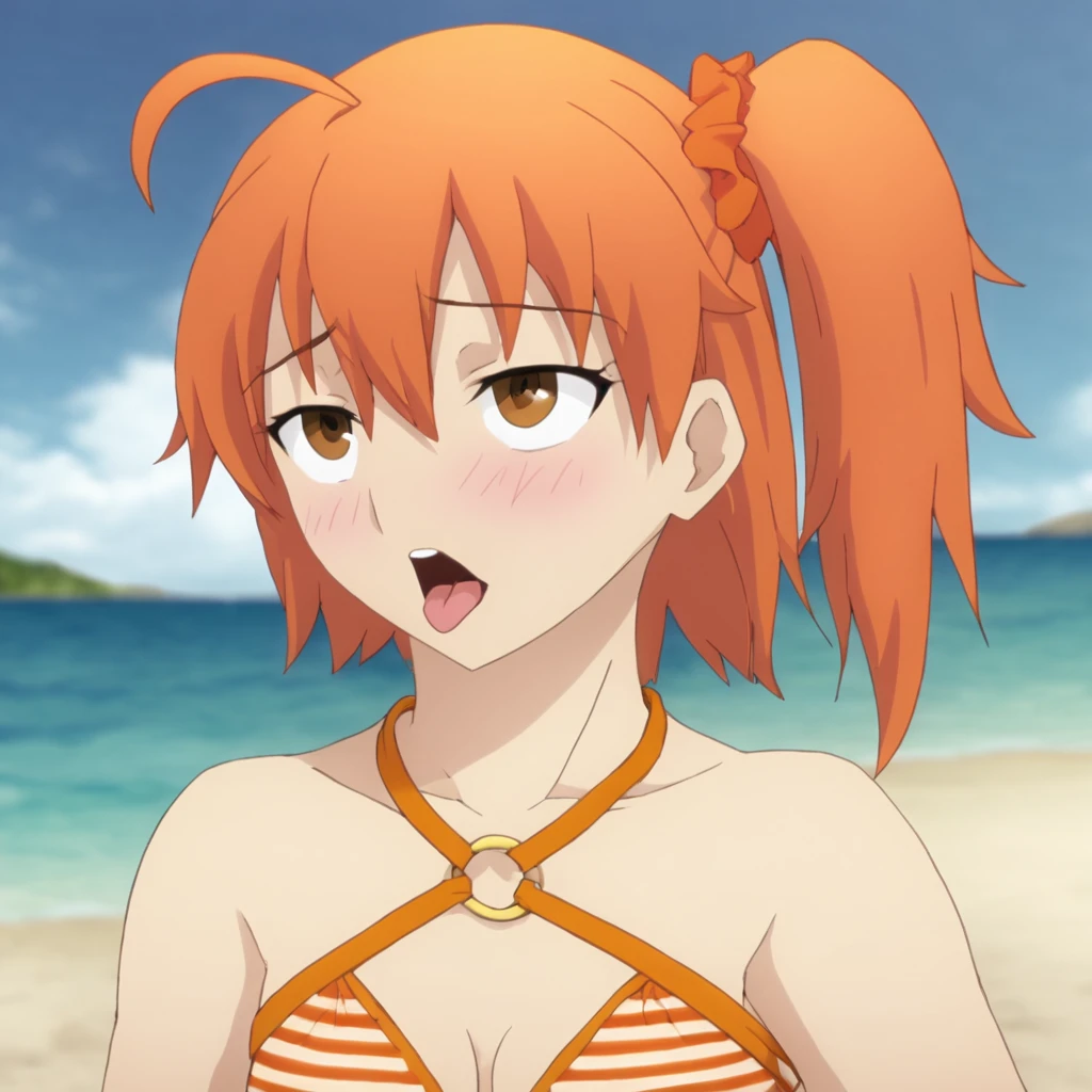 Pony,masterpiece, best quality, nsfw,ahegao, gudako, solo, (halterneck,striped bikini,orange bikini,o-ring), (o-ring bikini) ,beach,fsn_ubw_style,(masterpiece, best quality:1.2),illustration,8k,hd,1girl,solo,upper body,(portrait:1.2), hair ornament, hair between eyes, brown eyes, ahoge, orange hair, side ponytail, one side up, hair scrunchie