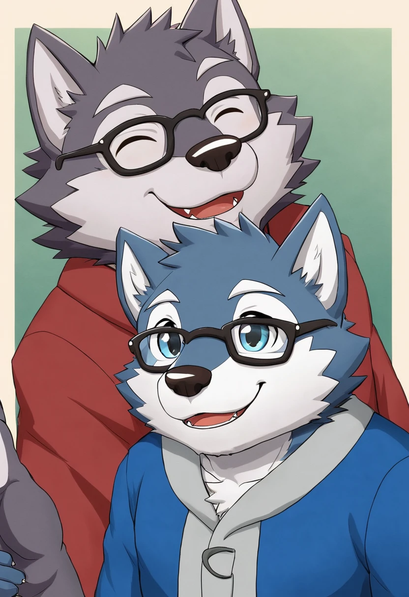Wolf,male,Mage Clothing,robe,Blue and white fur,Glasses,Orcs,Orcs脸,delicate and pretty,Wolf脸,cute,Young,Introvert,精灵Wolf,Facial details,happy,Smile