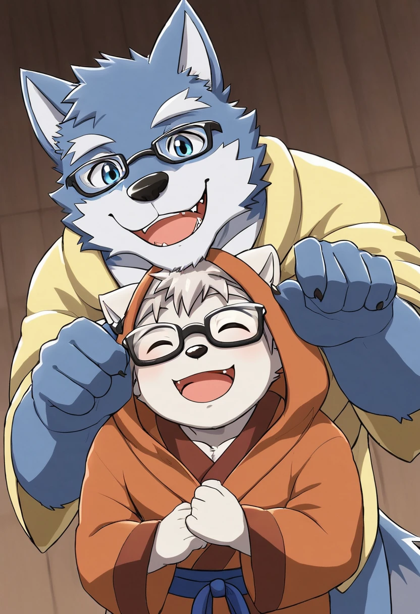 Wolf,male,Mage Clothing,robe,Blue and white fur,Glasses,Orcs,Orcs脸,delicate and pretty,Wolf脸,cute,Young,Introvert,精灵Wolf,Facial details,happy,Smile
