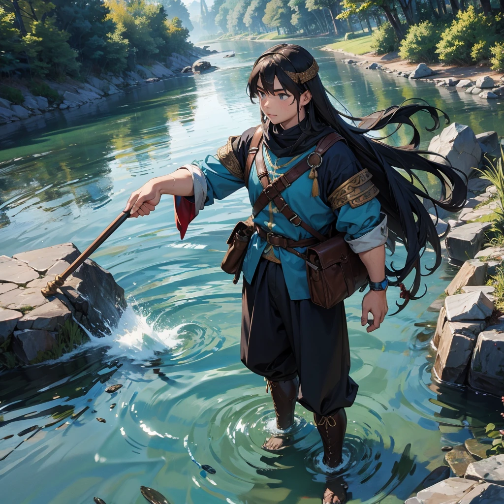 water dwarf in the river with medieval adventurer outfit