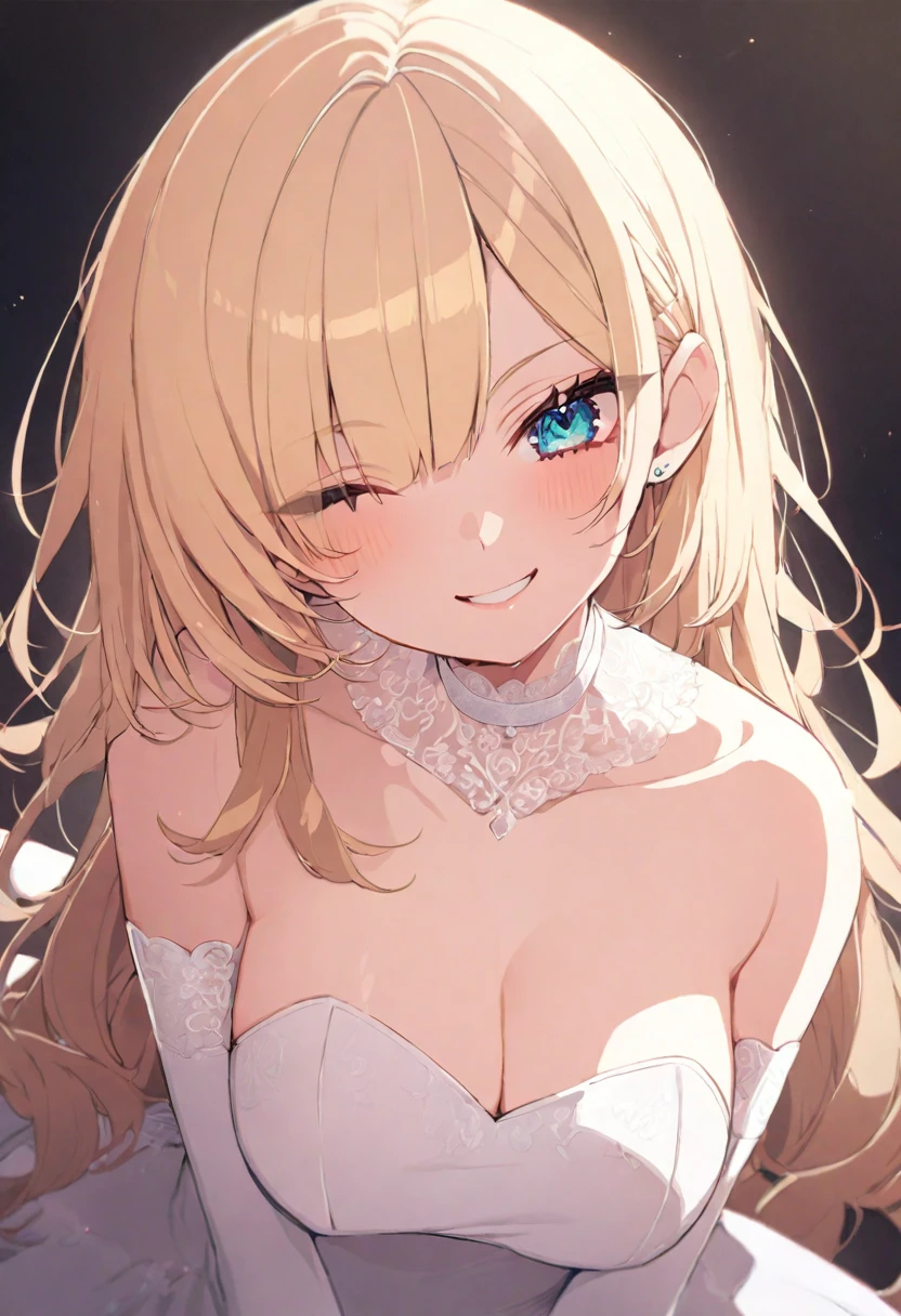 (masterpiece), (best quality), perfect face, beautiful girl, white background background, delicate and beautiful face and eyes, dark intense shadow, 
1 girl, vtuber style, cool girl, hololive, akai haato, blond hair, Wedding dress, big chest, cropped shoulders, clavicle, one eye close winking, smile, body visible through clothes, chest visible through clothes, (full body), looking at viewer, standing,