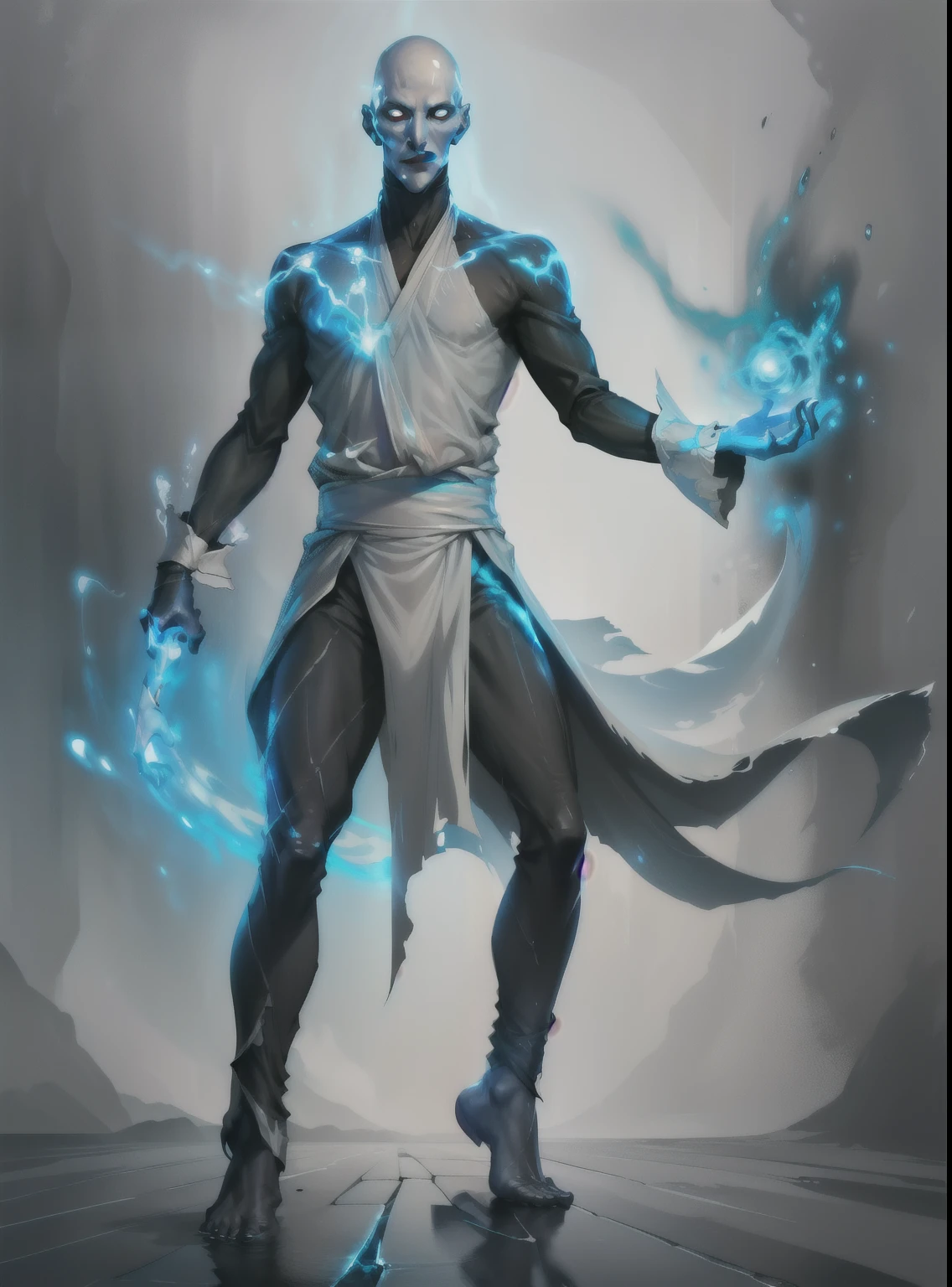 I want you to create a pale man, his translucent skin and slender body, black hair and blue phantasmagoric gaze, black clothes covering his entire body, and an aura of distressing shadow around him, a dark but passionate creature, a beautiful face, and a serene position, so that the generated image can see from head to toe