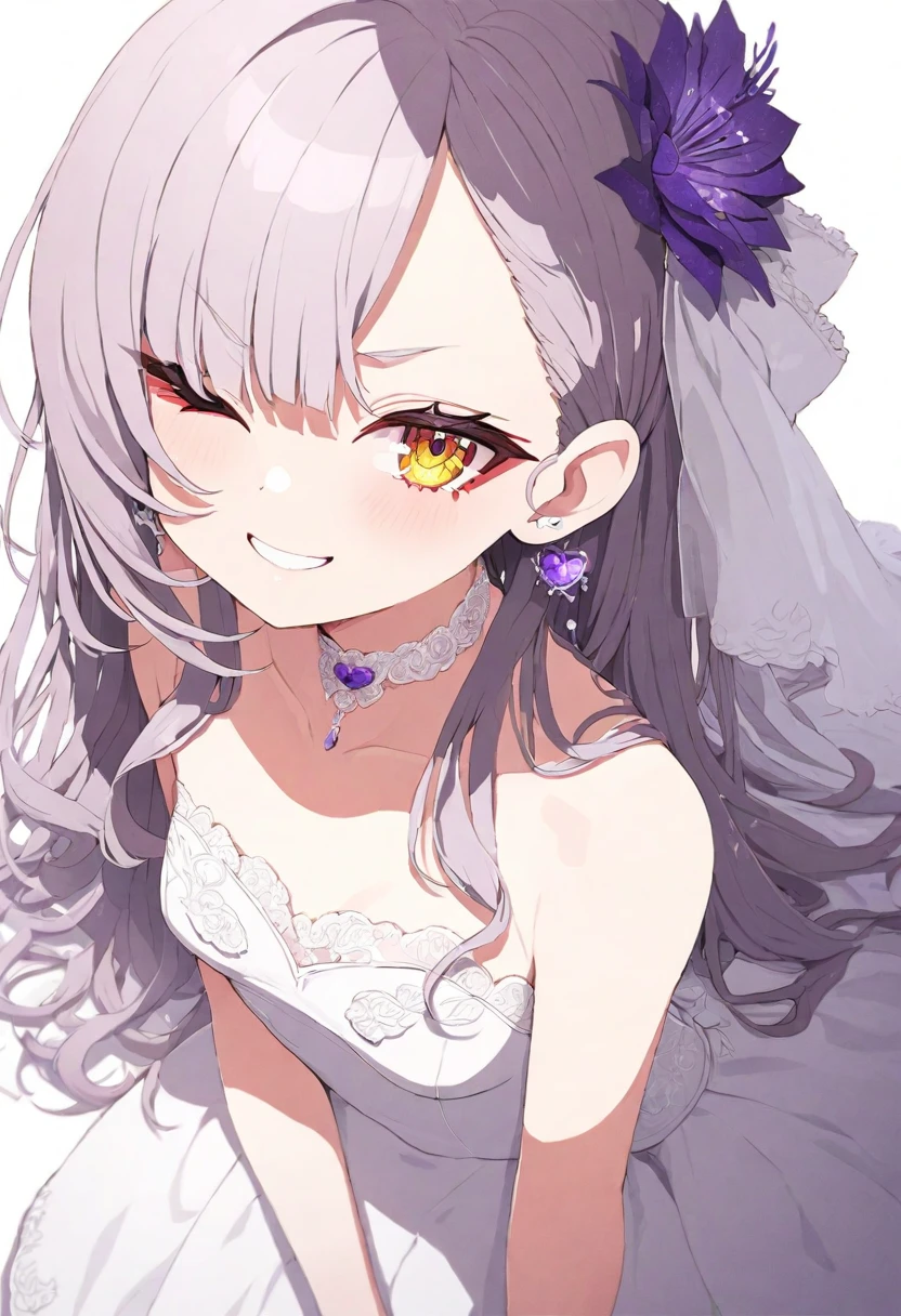 (masterpiece), (best quality), perfect face, beautiful girl, white background background, delicate and beautiful face and eyes, dark intense shadow,
1 girl, vtuber style, cool girl, hololive, Murasaki Shion, Wedding dress, small chest, cropped shoulders, clavicle, one eye close winking, smile, body visible through clothes, chest visible through clothes, (full body), looking at viewer, standing,