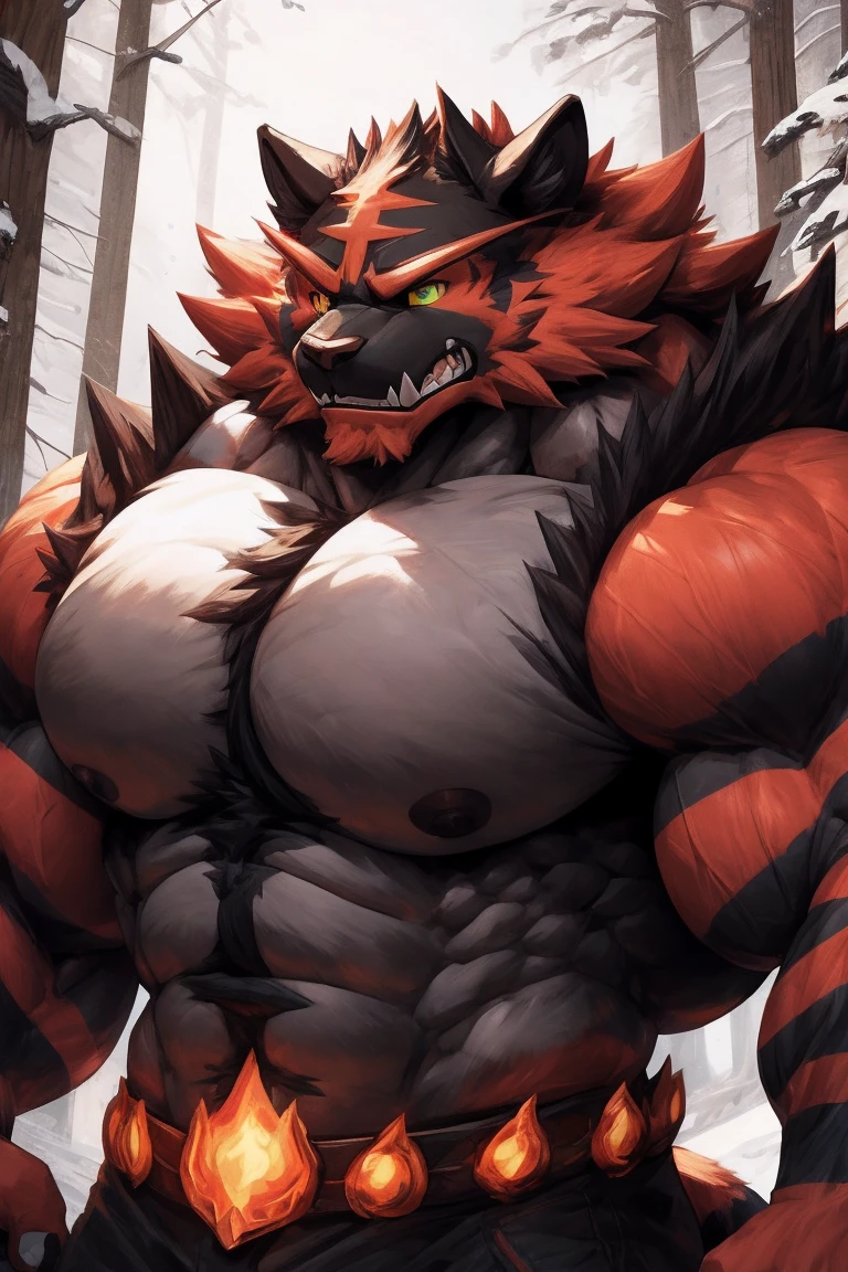 (masterpiece,Highest quality,Very detailed,Perfect Anatomy),kemono,Sharp focus, From null-ghost,alone,Humanity,Muscular,pokemon,Incineroar,Beautiful eyes,naked,,Looking down,very low angle,Blushing,Place hands on hips,penis