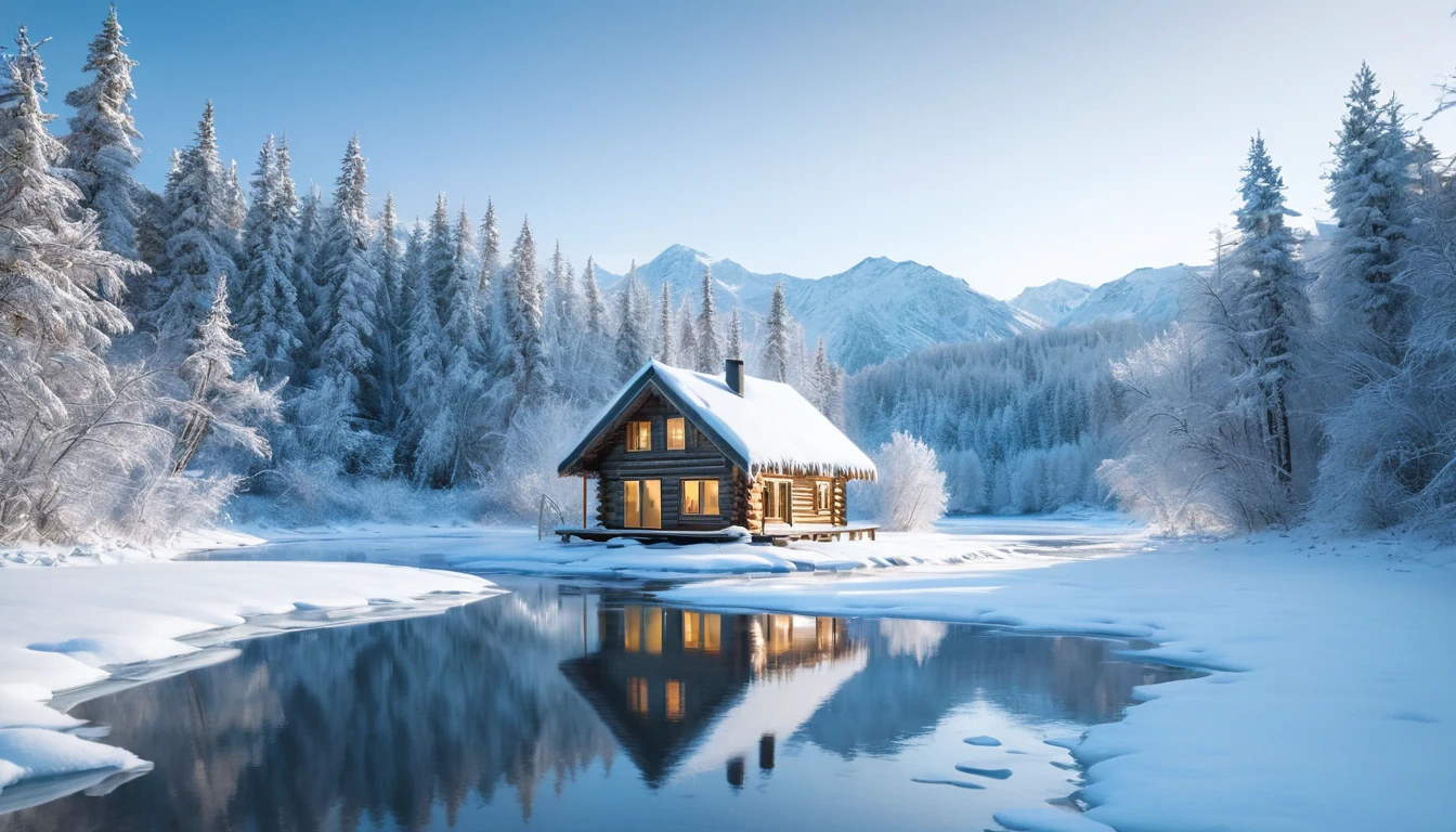 a small snow-covered cabin in a snowy landscape, frozen river, reflections on the water, minimalist, 4k, highly detailed, photorealistic, dramatic lighting, natural scenery, serene, peaceful, winter, snow, ice, calm, tranquil, pristine, solitude, remote, atmospheric