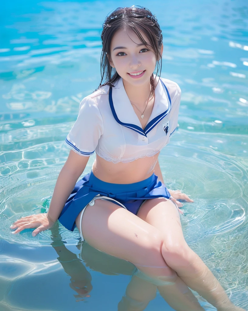 (NFSW)、((blue sea))、(High resolution:1.5)、Highest quality,Very detailed,masterpiece,Super detailed,alone,(One ),((Summer School Uniforms:1.5)), Seraphim, ((skirt:1.5)), smile, Thigh fetish images: 1.5、(((barefoot)))、(Her thighs and white bikini reflected in the clear blue water)、(reflected in water:1.5)、((I can see the white string panties:1.5))、Cleavage、((Blue, clear, transparent water))、Summer sun、はしゃいだsmile、Beautiful Eyes、(pull-out-lift-panties:1.5)、Big necklace and tiara、pull-lift-panties,
