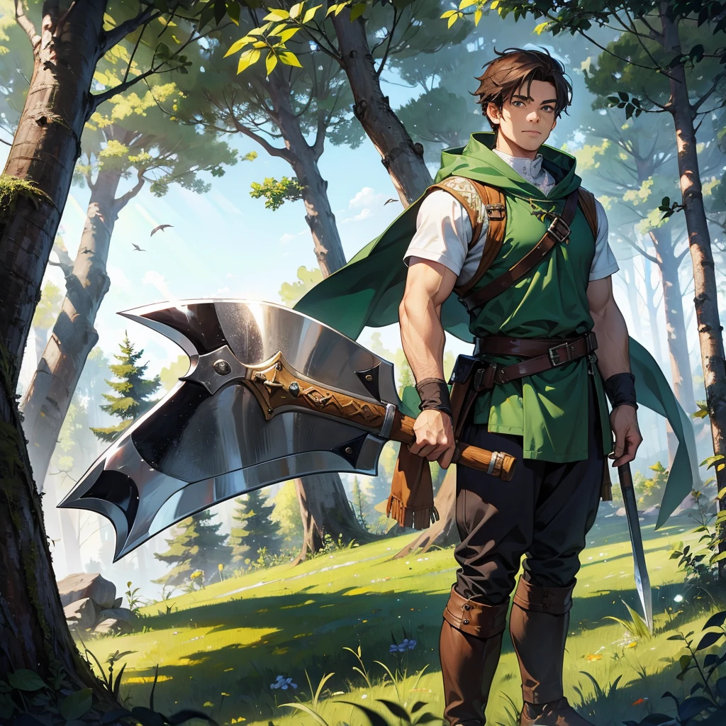 man with axe in the forest with medieval ranger outfit