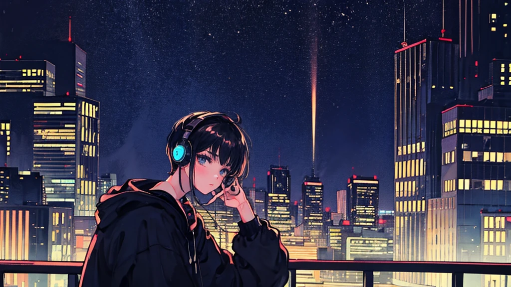 Black short Hair, Black Clothing, One Adult Woman Looking Sideways ,Blue headphones、 City of night, Delicate background、Masterpiece、Night Town、night、dark、Nostalgic、Pensive
