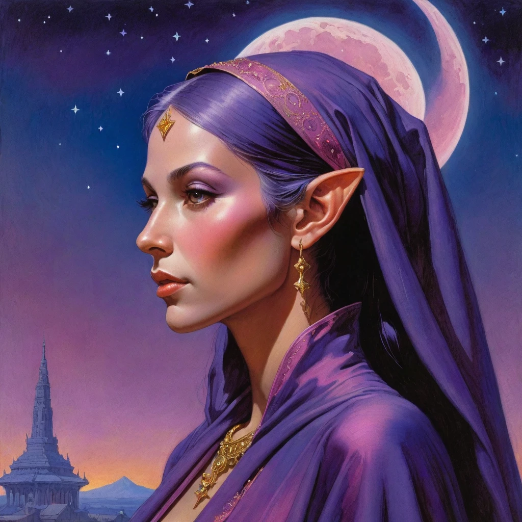 Masterpiece, (realistic), (propaganda poster), ((Moebius Jean Giraud)), (((haughty upright profile portrait of a veiled purple elf woman, young, priestess, sensual, imposing, dignified, proud, arrogant, wearing silk, purple and pink robes with detailed crescent moon, star elements))), ((Corinthian columns, dusk background, fireflies))