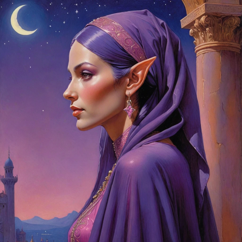 Masterpiece, (realistic), (propaganda poster), ((Moebius Jean Giraud)), (((haughty upright profile portrait of a veiled purple elf woman, young, priestess, sensual, imposing, dignified, proud, arrogant, wearing silk, purple and pink robes with detailed crescent moon, star elements))), ((Corinthian columns, dusk background, fireflies))