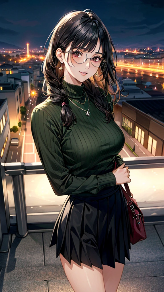 (masterpiece:1.3, Highest quality), Ultra-high resolution, Super detailed, (Realistic, photoRealistic:1.4), Beautiful illustrations, Perfect lighting, colorful, Depth of written boundary,
View your viewers, (Face Focus, Upper Body), 1 Girl, alone, Beauty,30 years old, (Large Breasts:0.8, Big Ass, Captivating thighs, Skin Dentition),
(Mid-length hair:1.2, Single Blade, Black Hair), bangs, braided bangs, (Brown eyes), Droopy eyes, Part your lips, Shiny skin,
Beautiful Hair, Beautiful Face, Highly detailed face, Beautiful attention to detail, Beautiful clavicle, Beautiful body, Beautiful breasts, Beautiful thighs, Beautiful feet, Beautiful fingers,
(Detailed cloth texture, Green long sleeve high neck sweater, Black pleated skirt), Round Glasses, Shoulder bag, garnet necklace,
(Beautiful views), night, (Downtown, stage), walking, (A seductive smile),