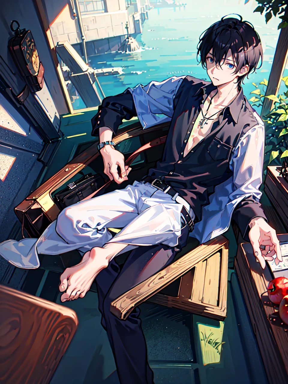 1boy, apple, bag, bangs, berry, black hair, black shirt, blue eyes, hair between eyes, jewelry, leaf, looking at viewer, male focus, necklace, pants, shirt, solo, watch, white pants, wristwatch, messy hair, trending on artstation, 8k resolution, highly detailed, anatomically correct, sharp image, digital painting, concept art, trending on pixiv, style of makoto shinkai,