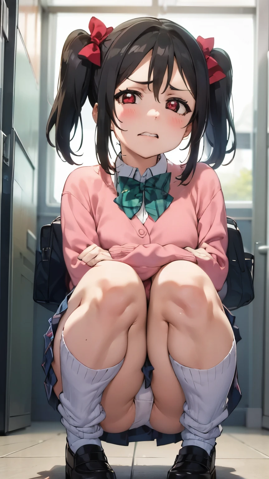 from front,focus on panties,fine underwear,black panty,flat chest
,BREAK,
nico yazawa, flat chest,black hair, (red eyes:1.5), twintails, hair bow, bow, red bow,
,BREAK,
gyaru, shirt, plaid, bow, blush, white shirt, hair ornament, nail polish, plaid skirt, bowtie, pleated skirt, clevage
,BREAK, 
disdaining ,disgusted face, disgusted face,displeasure,grimance,anguish,furrowed brow,furious,,{{{disgusting:1.5}}},{{{clenched teeth:1.1}}}, look down at viewer, {{{shaded face}}}, masterpiece,absurderes, beautiful detailed face
,BREAK,
,Squat,looking down at viewer,Squatting, 
((masutepiece,hight resolution)), masutepiece, Best Quality, , absurderes, Perfect Skin, Detailed skin texture, ultra-detailliert, 8K, Intricate details, beautifull detailed face,hight resolution, 1girl ,from front.
indoors,locker room