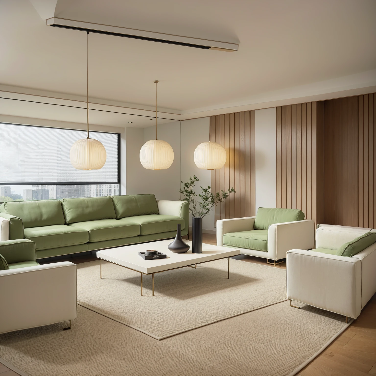 A luxurious living room welcomes you as you step inside, with its spacious and bright floor-to-ceiling glass windows. Through the windows, a lush green courtyard greets your eyes, with flowers and trees swaying gently in the breeze. The entire space is adorned in a palette of light gray and ivory white, with clean lines and unique decorations that are pleasing to the eye. As you walk, your feet sink into the plush carpet, providing a soft and comfortable sensation. Soothing music permeates the air, creating a tranquil ambiance. The velvet cushions on the sofa exude a sense of infinite luxury and taste.