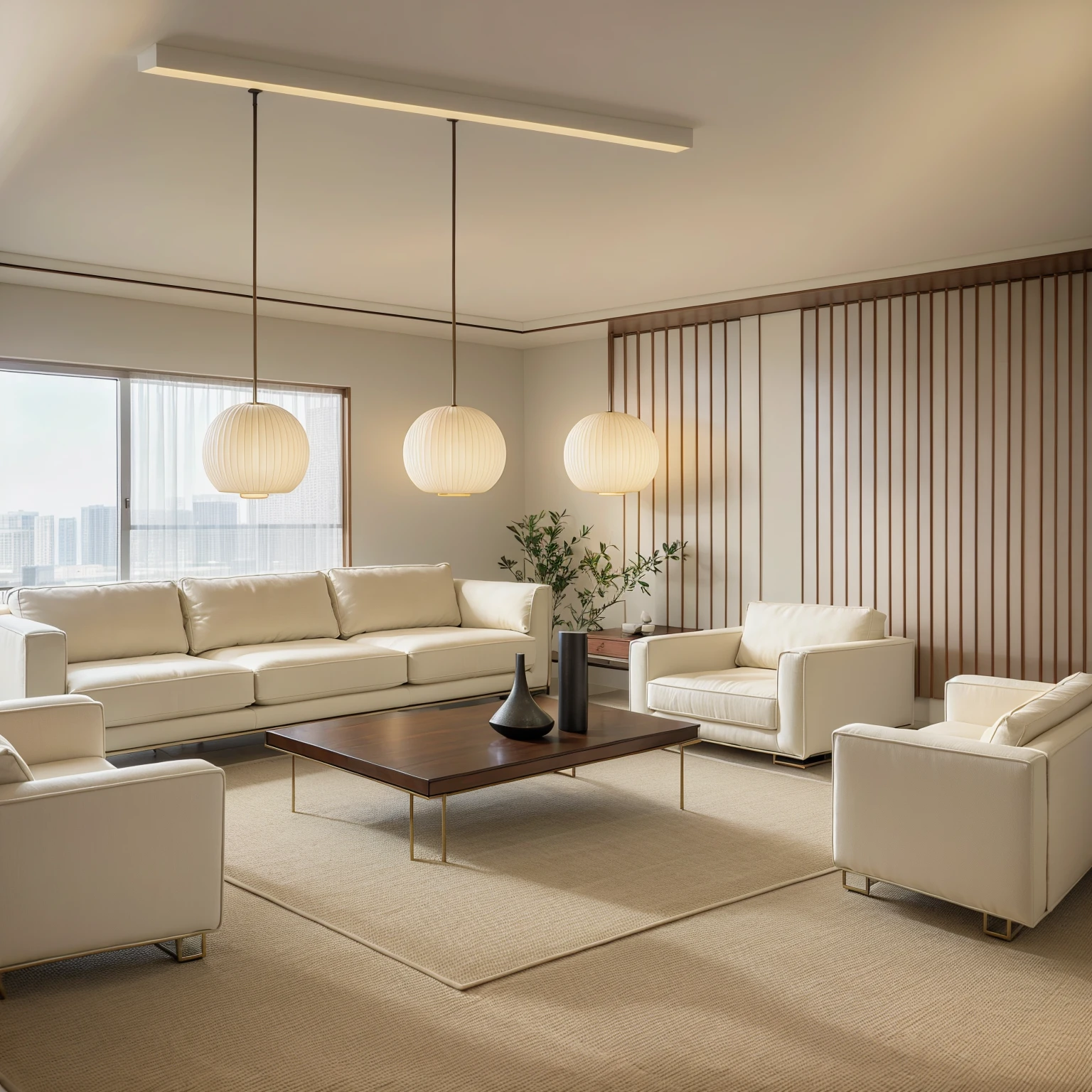 A luxurious living room welcomes you as you step inside, with its spacious and bright floor-to-ceiling glass windows. Through the windows, a lush green courtyard greets your eyes, with flowers and trees swaying gently in the breeze. The entire space is adorned in a palette of light gray and ivory white, with clean lines and unique decorations that are pleasing to the eye. As you walk, your feet sink into the plush carpet, providing a soft and comfortable sensation. Soothing music permeates the air, creating a tranquil ambiance. The velvet cushions on the sofa exude a sense of infinite luxury and taste.