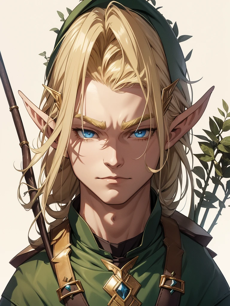 A male elf that possesses flowing blonde hair and striking blue eyes, typical of his elven heritage. He dresses in supple, forest-green leather armor crafted for agility and stealth, complemented by dark trousers and sturdy boots that allow him to move swiftly through the dense underbrush of Evershade Forest.