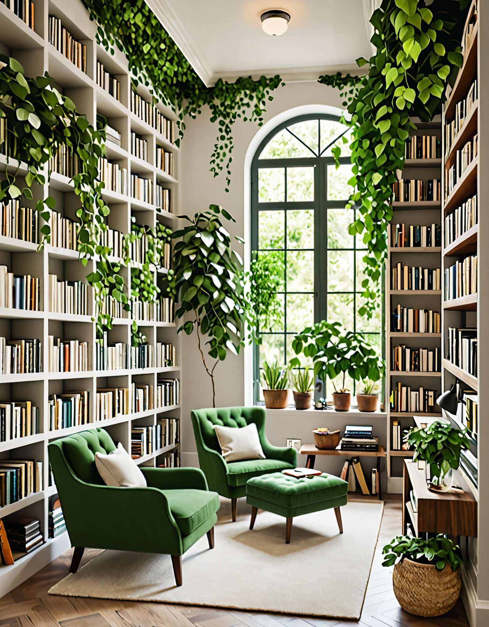 A cozy reading corner decorated with lush plants. There is a comfortable armchair in the corner., A small side table with a stack of books, A large bookshelf filled with various literary works. Vines hang down from the ceiling, Potted plants are lined up on the shelves and floor., Creates a calm and cozy atmosphere for book lovers