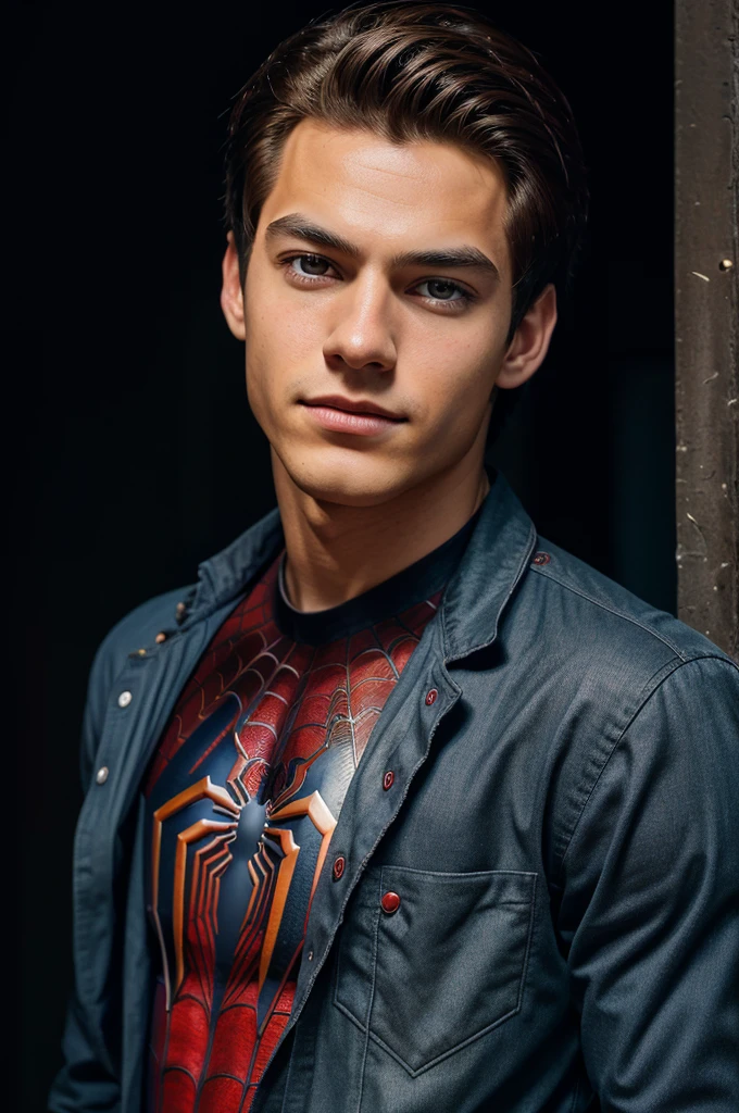 A photograph of spider man, no mask, 20 yo, handsome, detailed face, looking at camera, portrait, 8k uhd, high quality
