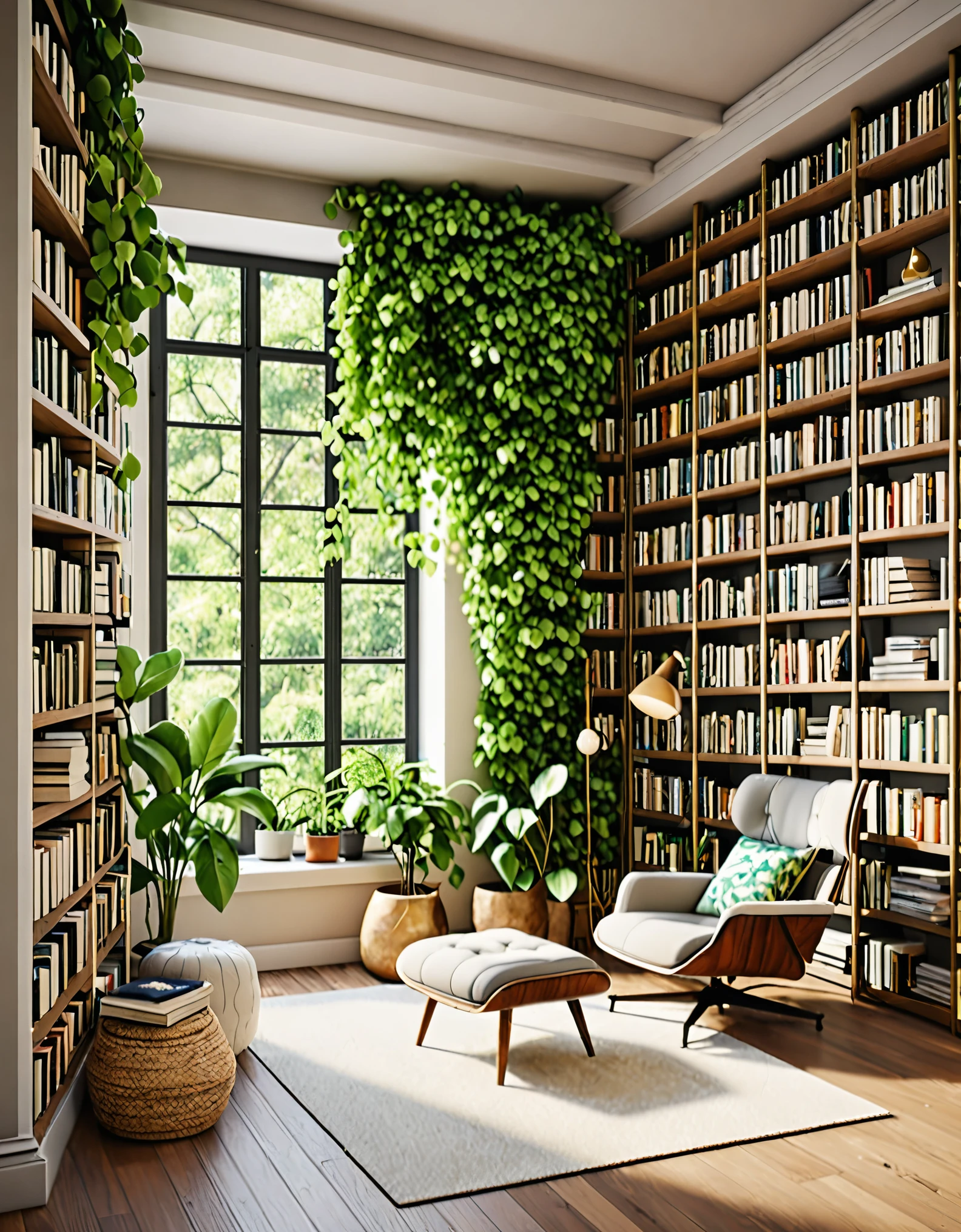 A cozy reading corner decorated with lush plants. There is a comfortable armchair in the corner., A small side table with a stack of books, A large bookshelf filled with various literary works. Vines hang down from the ceiling, Potted plants are lined up on the shelves and floor., Creates a calm and cozy atmosphere for book lovers