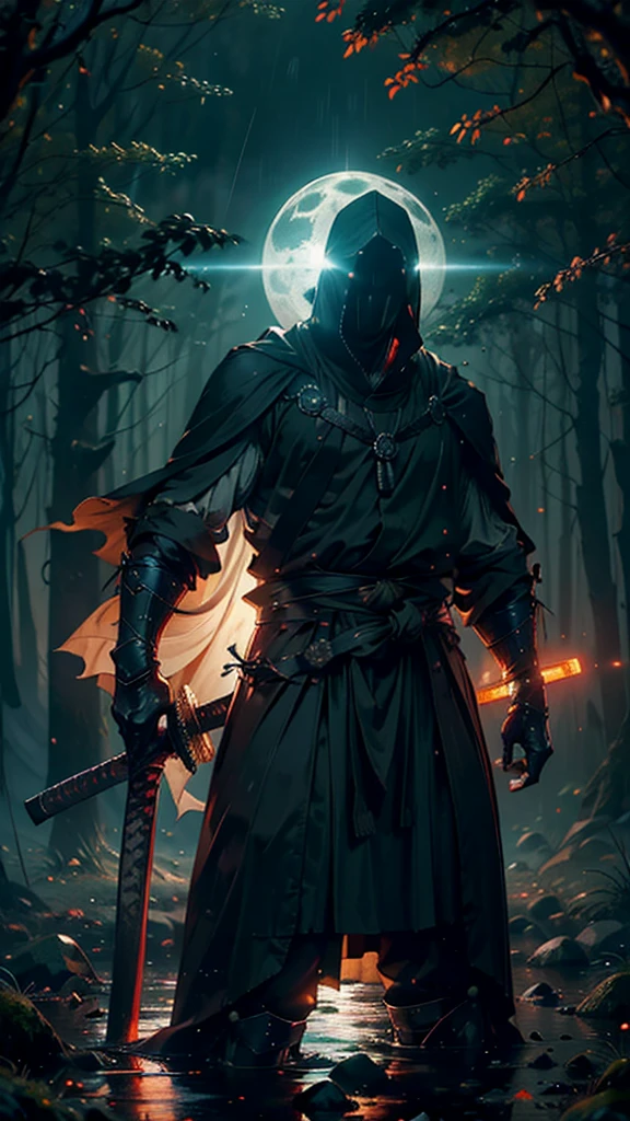 (Best Quality,ultra detailed),dark,wet,artificial raindrops falling,ancient medieval warrior standing in the rain, detailed face(fail),dense forest landscape,majestic and serene nature, shining brightly in the night sky,black medieval outfit with fluorescent red stripes that glow in the moonlight,samurai sword sharpened and drawn(katana),