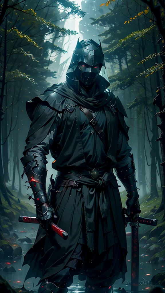 (Best Quality,ultra detailed),dark,wet,artificial raindrops falling,ancient medieval warrior standing in the rain, detailed face(fail),dense forest landscape,majestic and serene nature, shining brightly in the night sky,black medieval outfit with fluorescent red stripes that glow in the moonlight,samurai sword sharpened and drawn(katana),