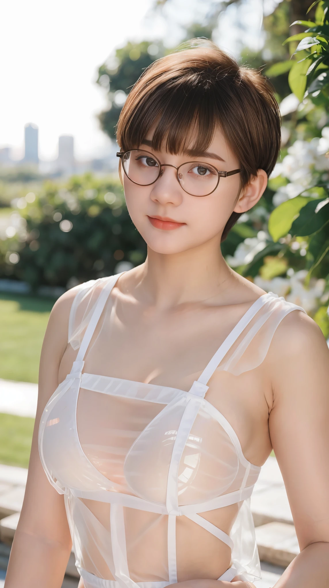 1 Girl, Beautiful, Baby Face, 20 Years Old, White Skin, Pose, Cleavage Strapless White Maid Outfit, ((See Through:1.3)), Muscles:1.3, Outdoor, Bokeh:1.1, Glasses, ((Short Hair)), Medium Bob Hair, Hair Bangs