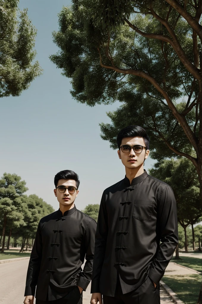 30 years muslim men, mystery but gentleman face, Chinese look, wear spectacle and black shirt, cool style, background tree nature & bright sky