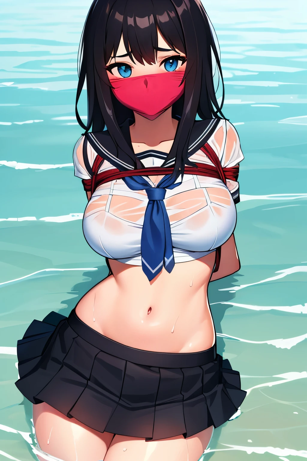 1 girl, detailed blue eyes, lange wimpern, detailed beautiful face, 4k quality, (Long black hair:1.4), (arms behind back:1.6), gefesselte Arme, Red rope, (blushing:1.3), (Big boobs:1.2), (weißes Hemd mit schwarzer krawatte, black skirt, school girl, 18 jears old:1.6), OTN, Gag, gagged, shibari, liegend im wasser, nah aufnahmen, wet skin, laying in beach water, liegend