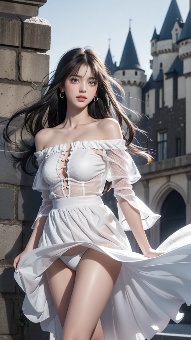 ((Girl standing in front of the wall of an old castle))、Fluorescent color、1 girl、Looking to the side、Beautiful face、Beautiful eyes、(Off the shoulder:1.2)、Upper Body、Shiny Hair、Glowing Skin、 Reduce glare、The proportions of the fingers have been adjusted、Escrow、ass pov、Dynamic Angle、(((Master part)))、(((highest quality)))、(((Super-detailed))) detailed)、(An illustration)、(Detailed light)、(Very delicate and beautiful)、Dramatic_Shadow、Ray_Tracking、reflection、 Ultra-high resolution、((A girl with colorful hair and mesh in her black hair))、 Her hair flutters in the wind、(Large deep blue eyes)、Black Haired Woman、 Sparkling Butterfly、Black-haired woman、Points of light around the woman、Magical Aura、Green dot、Aura About Natural、超Magical AuraBlack-haired woman,((White off-the-shoulder semi-transparent white dress:1.3))、(No sleeve)、((My skirt is flying up in the wind)),((An old European castle is hazy in the distance)),((White panties are visible)),