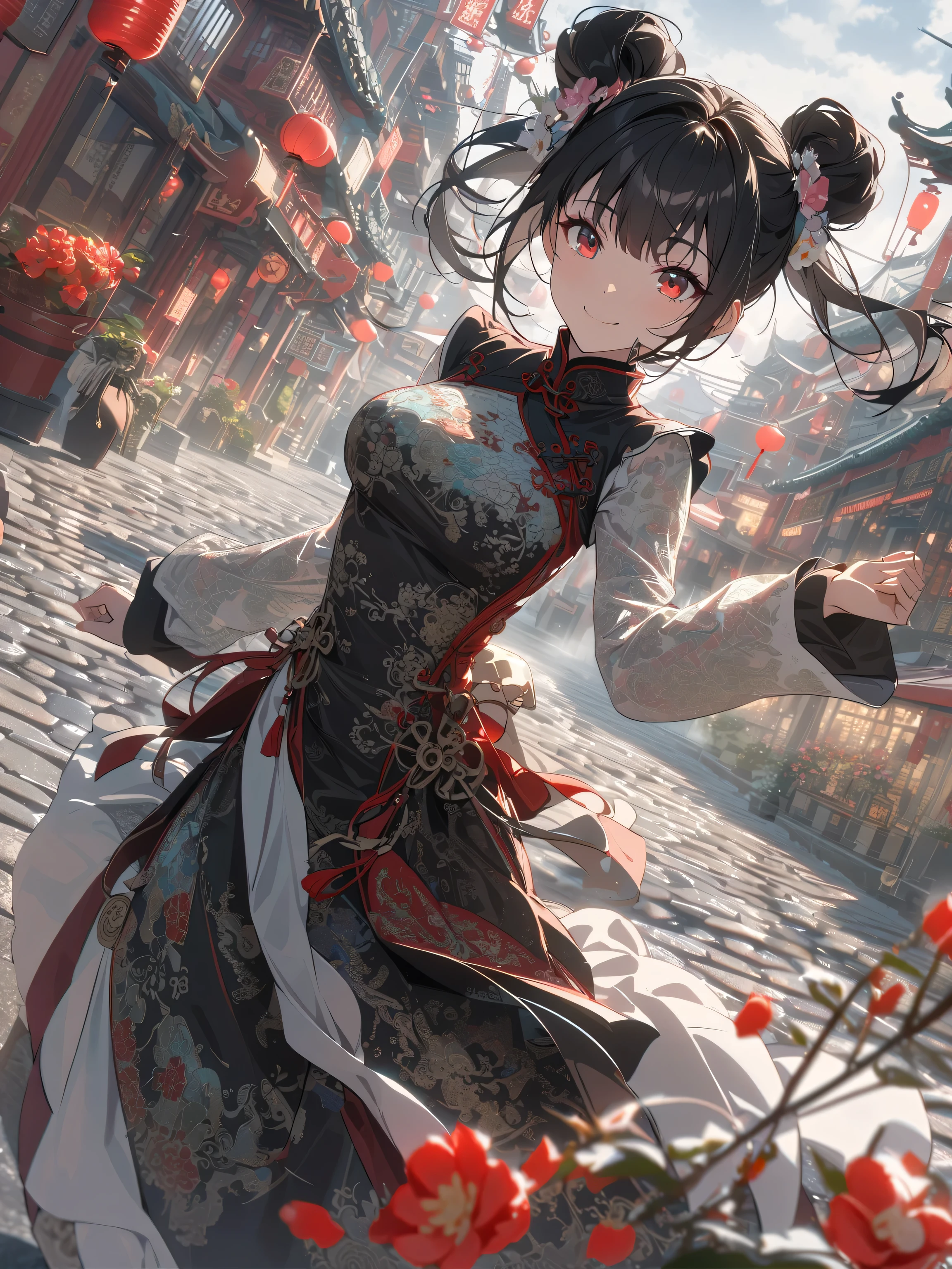 (beautiful girl, alone), Black Hair, Double Bang, Red eyes, Red gothic dress with intricate embroidery, Chinese clothing, [[[Chinatown]]], Steampunk City, Red Lantern, [Spring flower], Cobblestone Street, Best Shadow, bloom, smile, Wind, fog, Dutch Angle, chromatic aberration, Depth of written boundary