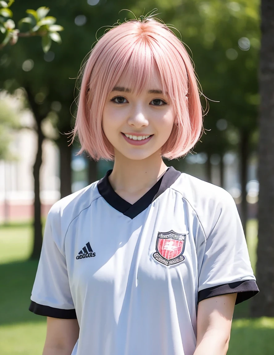 (Highest quality, masterpiece, Photo Real, Super detailed, Ultra-high resolution, born), (One girl), cute, Japanese, smile, Flat Bangs, Oversized soccer uniforms, (Medium Hair| short hair,Pink Hair), Girl's Room,Young face,Ultra-photorealism, Perfect artwork, Intricate details, Highest quality, Bright room, Tabletop , Realistic,24-years-old,--ar 9:16