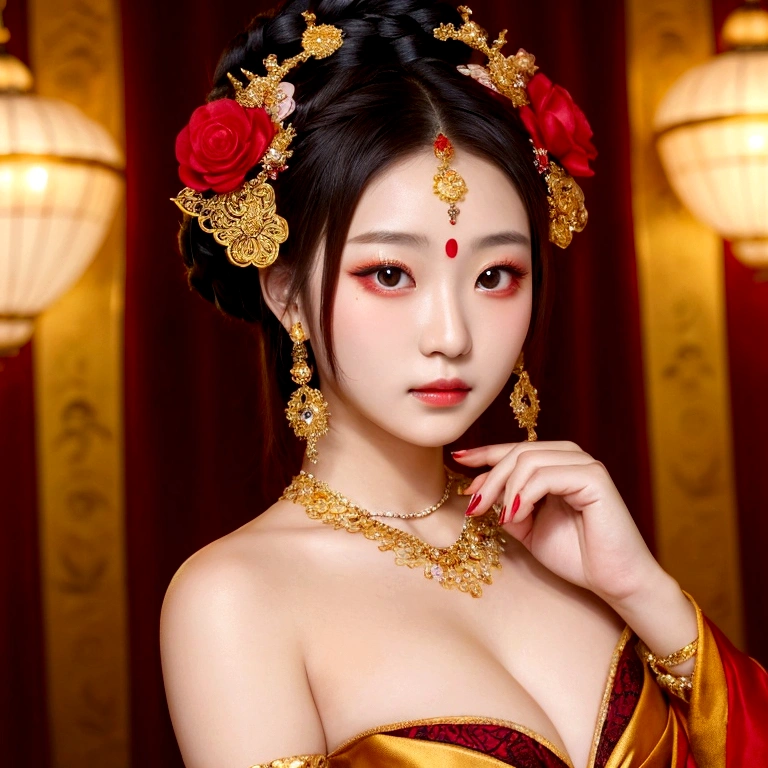 god々A beautifully and gorgeously decorated courtesan,She is a very elegant and beautiful 18-year-old girl.. Her face is richly decorated.