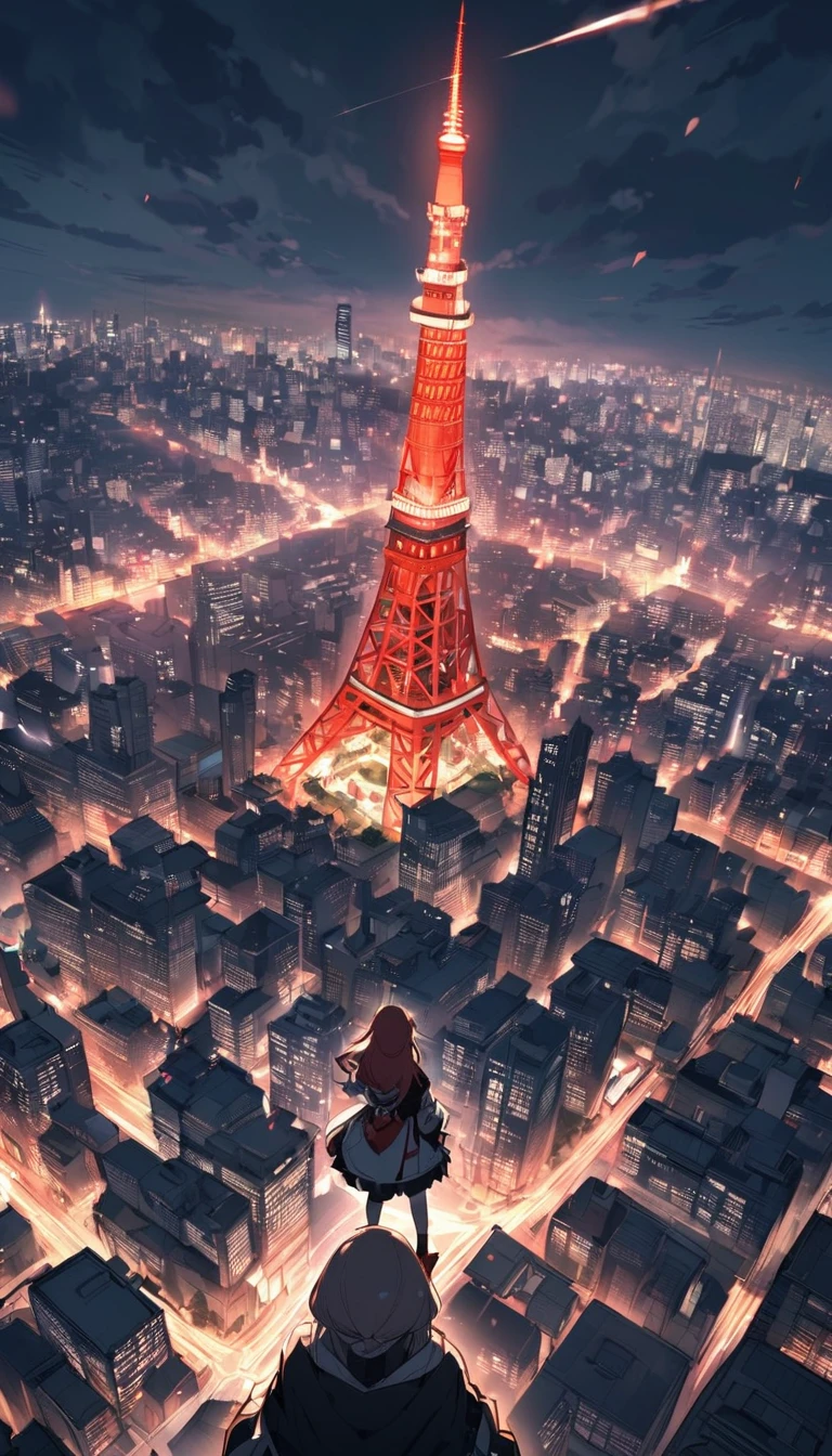 Tokyo Tower 1000 years after the extinction of humanity, with a girl looking at it