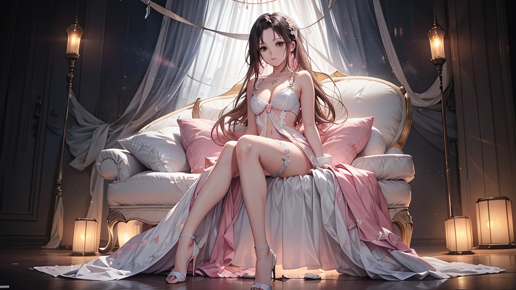 ((Biologically correct limb count))、((Full Body Shot, Full-body photo including face、Head to toe photos))、4K、masterpiece、((Focus on the face))、((Symmetrical facial features))、Eyes of meticulous depiction、One beautiful woman、Excellent style、((Panties and bras、White garter stockings、High heels))、Detailed Description、Small earrings、necklace、High angle、Looking up、Her pink wedding dress is open and her panties are showing.