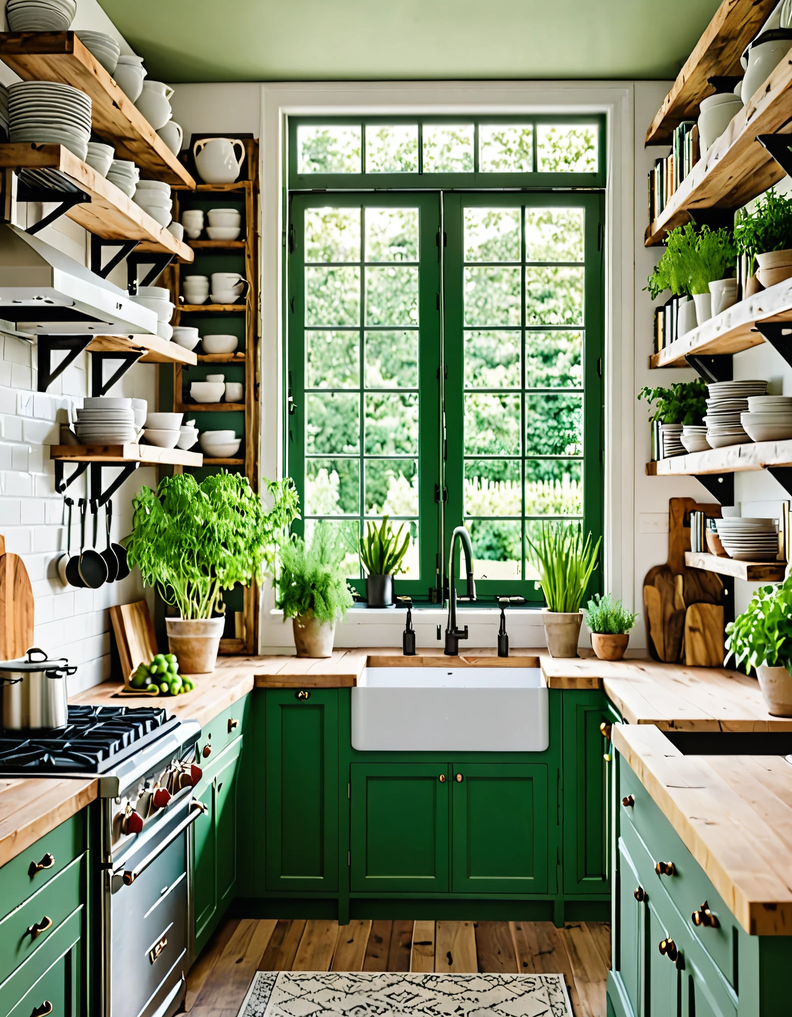 A charming kitchen space that combines books and greenery in a rustic setting. The kitchen includes green and white cabinets, wooden countertops, and a farmhouse sink. Books are stacked neatly on shelves alongside a variety of potted plants. Large windows provide ample natural light and a view of a thriving garden, enhancing the cozy and serene environment.