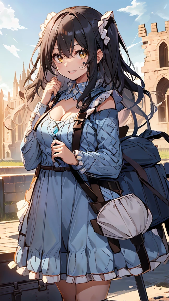 1girl with((black hair, (long wavy hair:1.35), (one side up:1.55), (tits cleavage:1.15), (breasts close up:1.15), (white knit sweater:1.2), camisole, exposed breasts, eyebrows visible through hair, hair between eyes, bare belt, (dress:1.55), long sleeves, suspenders, (blue dress:1.55), looking at viewer, single thighhigh, solo, thighhighs, white legwear, white shirt, off-shoulder dress, frilled skirt, belt buckle, buckle, frills, (frilled panniers:1.55), (frilled shirt:1.55))), background with((fantasy world, ruin, castle, beautiful sky, shining sky, sunshine, cathedral,sanctuary))