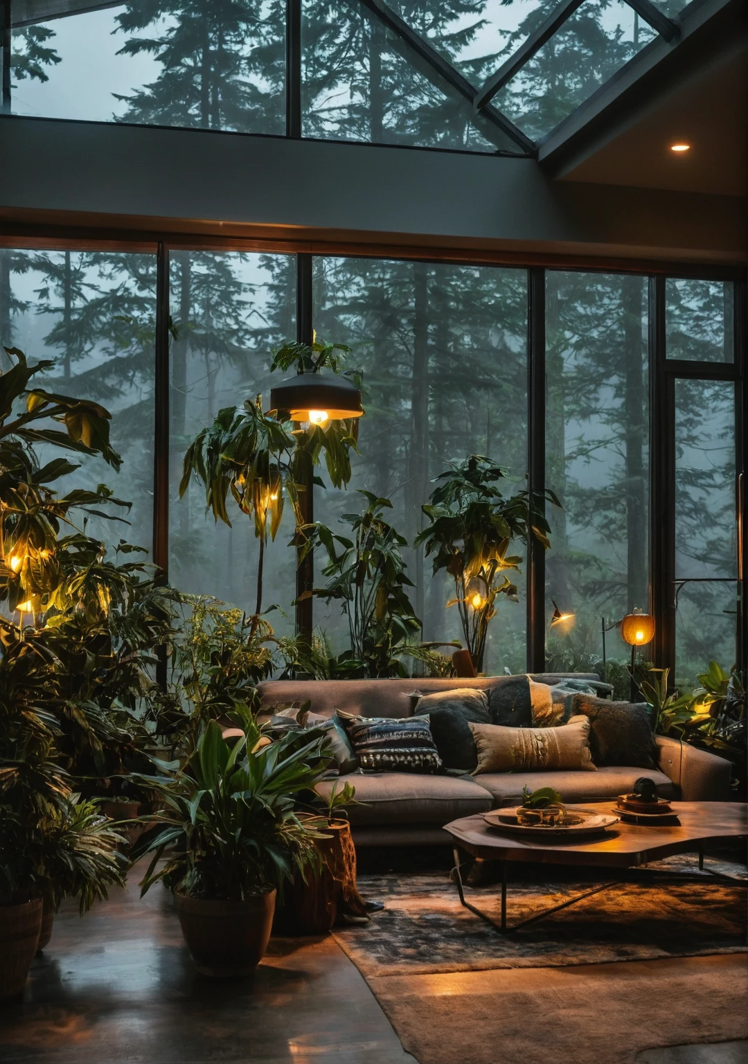 ((mid century modern living room)), dimly lit, (foggy rainy evening:1.2), pacific northwest, (dim lighting:1.2), (moody lighting:1.3), plants, large plants, many plants, (foggy windows:1.2), masterpiece, best quality, twilight hour, blue hour