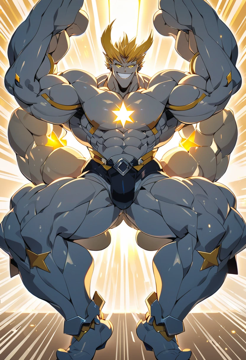 Star with hands and feet, star with faces, macho, muscles, anthropomorphism, macho with a star-shaped face, concentration lines, yellow light, shine, smile,