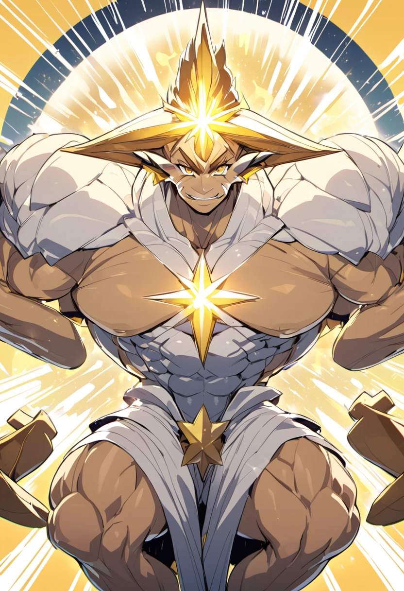 Star with hands and feet, star with faces, macho, muscles, anthropomorphism, macho with a star-shaped face, concentration lines, yellow light, shine, smile,