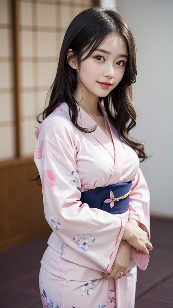(1young girl), Extremely cute face, Amazing face and eyes, (Highly detailed eyes, Highly detailed face), fresh, Very clean appearance, (Hyper-realistic, hight resolution), (Best Quality:1.4), Raw photo, (Realistic, Photorealsitic:1.37), Professional Photography, (light pink floral pattern yukata:1.5), (Open yukata), (cleavage:1.2), (Bare shoulders), Smile slightly, (Staring at me), Bedroom, girl portrait,