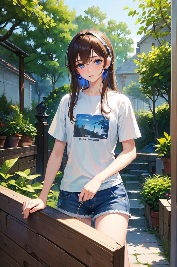 ８K, Highest quality, masterpiece, Ultra-detailed、Wearing headphones、Wearing headphones、headphone、Light brown hair、Medium hair, headphone、full lips、Blue Eyes、１８Year-old beauty、Portrait、、garden、T-Shirts、Shorts、Random facial expressions