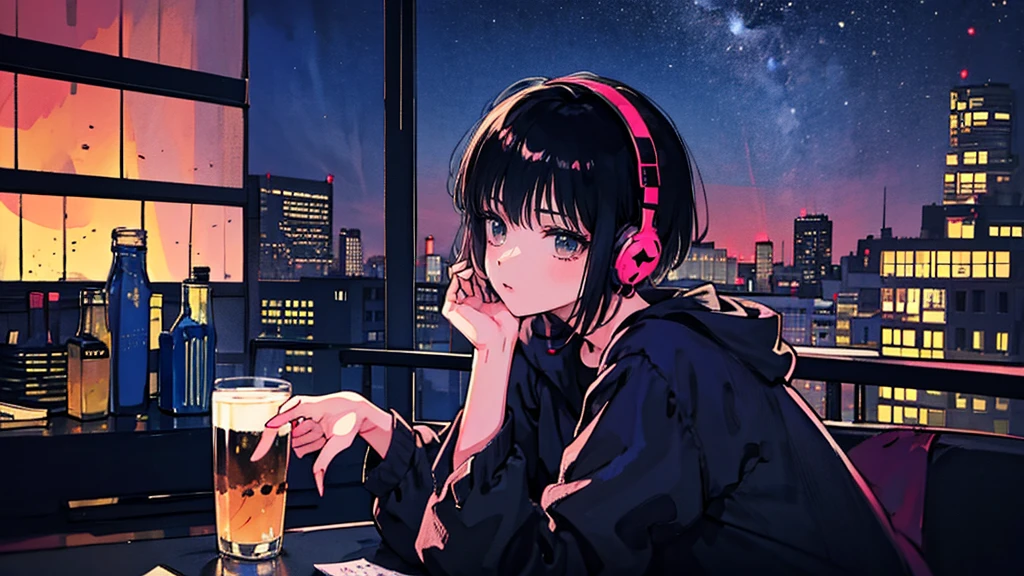 Black short Hair, Black Clothing, One Adult Woman Looking Sideways ,Blue headphones、 City of night, Delicate background、Masterpiece、Night Town、night、dark、Nostalgic、コーヒーを飲む