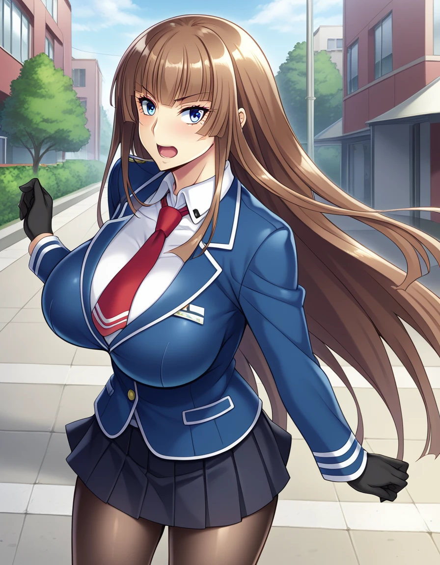 score_9, score_8_up, score_7_up, score_6_up, source_anime, aoi_nagisa_\(metalder\), BREAK solo, 1girl, koukawa asuka, brown hair, long hair, blue eyes, large eyes, bangs, side bangs, (huge breasts:0.8), medium body, BREAK school_uniform, blue jacket, (breasts:1.1), white collared blouse, tight clothes, red long necktie, black gloves, black pleated skirt, black pantyhose, BREAK open mouth, outside, street,