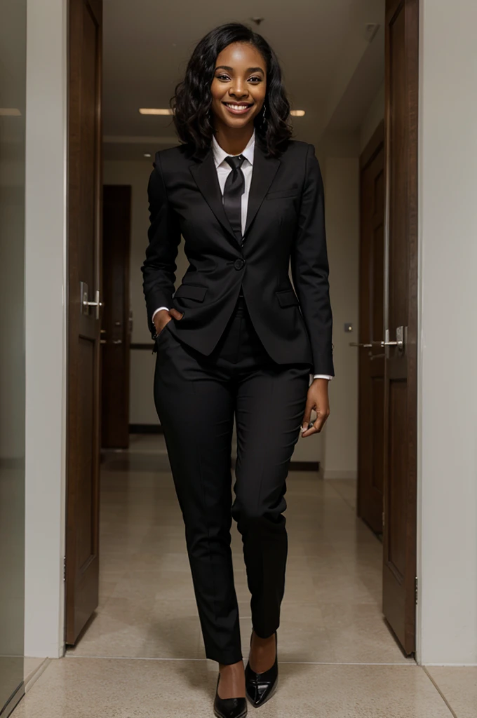 black woman in suit smiling full body