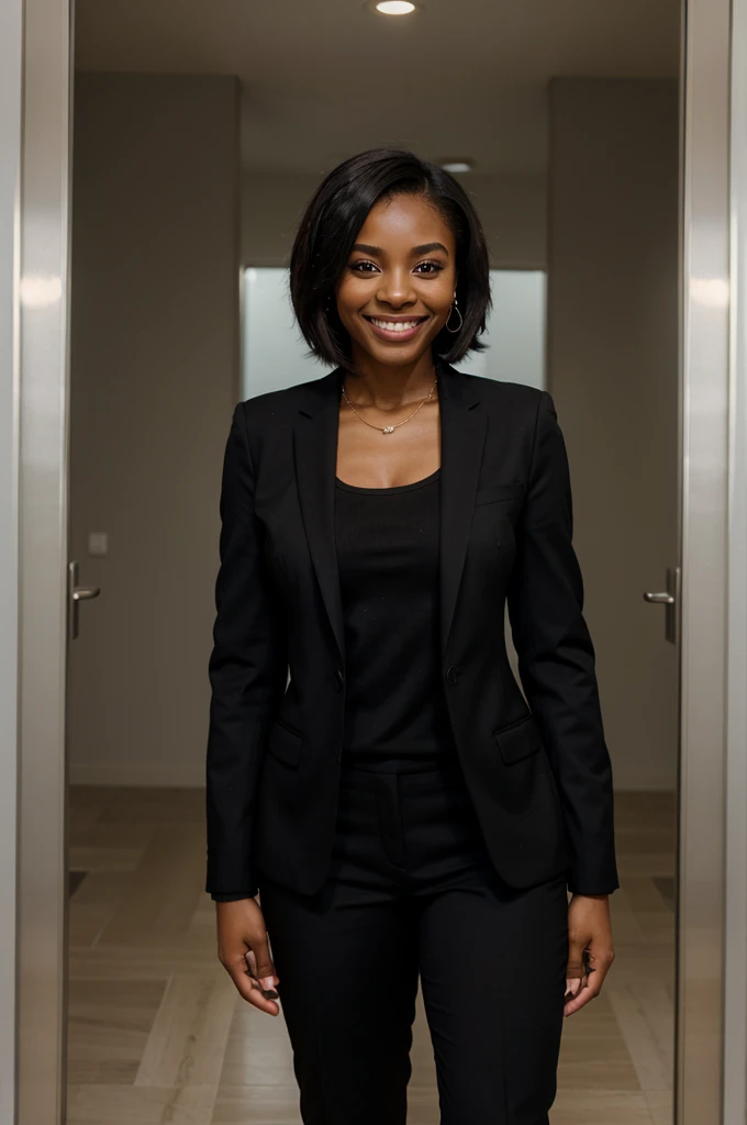black woman in suit smiling full body