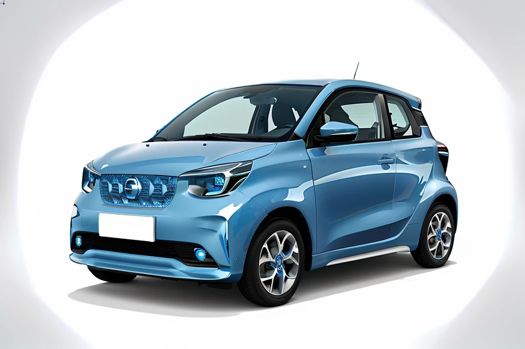 Close-up of a small blue car on a white background, Karma Electric Vehicle, clever, Car panorama, clever looking, IQ 4, Infinite-D-Rendering, Pure and clean design, Flower Moon, Full Vehicle, Future Style,Sci-fi rendering, Pure and clean, Round head,Futuristic car