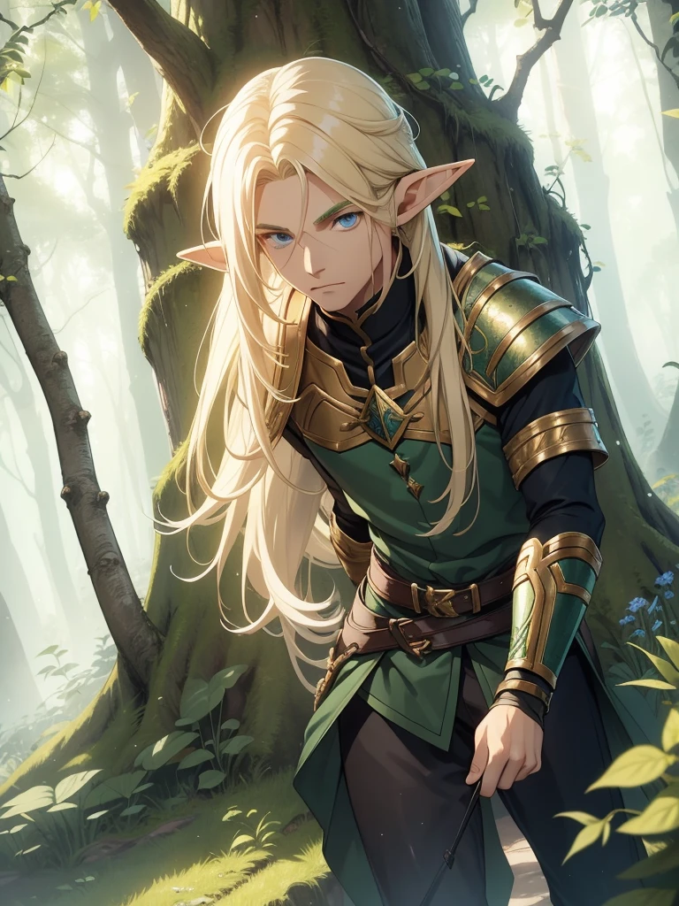 A male elf that possesses flowing blonde hair and striking blue eyes, typical of his elven heritage. He dresses in supple, forest-green leather armor crafted for agility and stealth, complemented by dark trousers and sturdy boots that allow him to move swiftly through the dense underbrush of Evershade Forest.